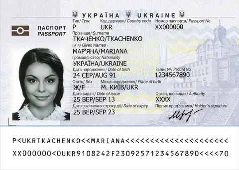 Перша сторінка закордонного паспорта: ім'я латиницею, номер, дата народження та термін дії